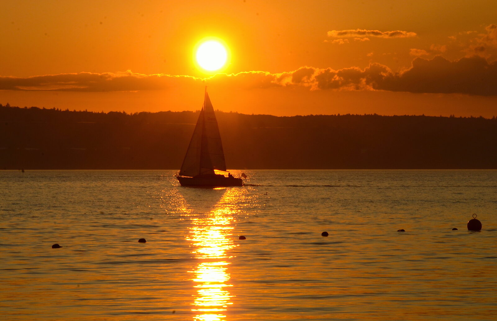 Sonnenuntergang über dem Bodensee mit Segelboot — Schauplatz des 50. Zirkeljubiläums CVZ Friedrichshafen.