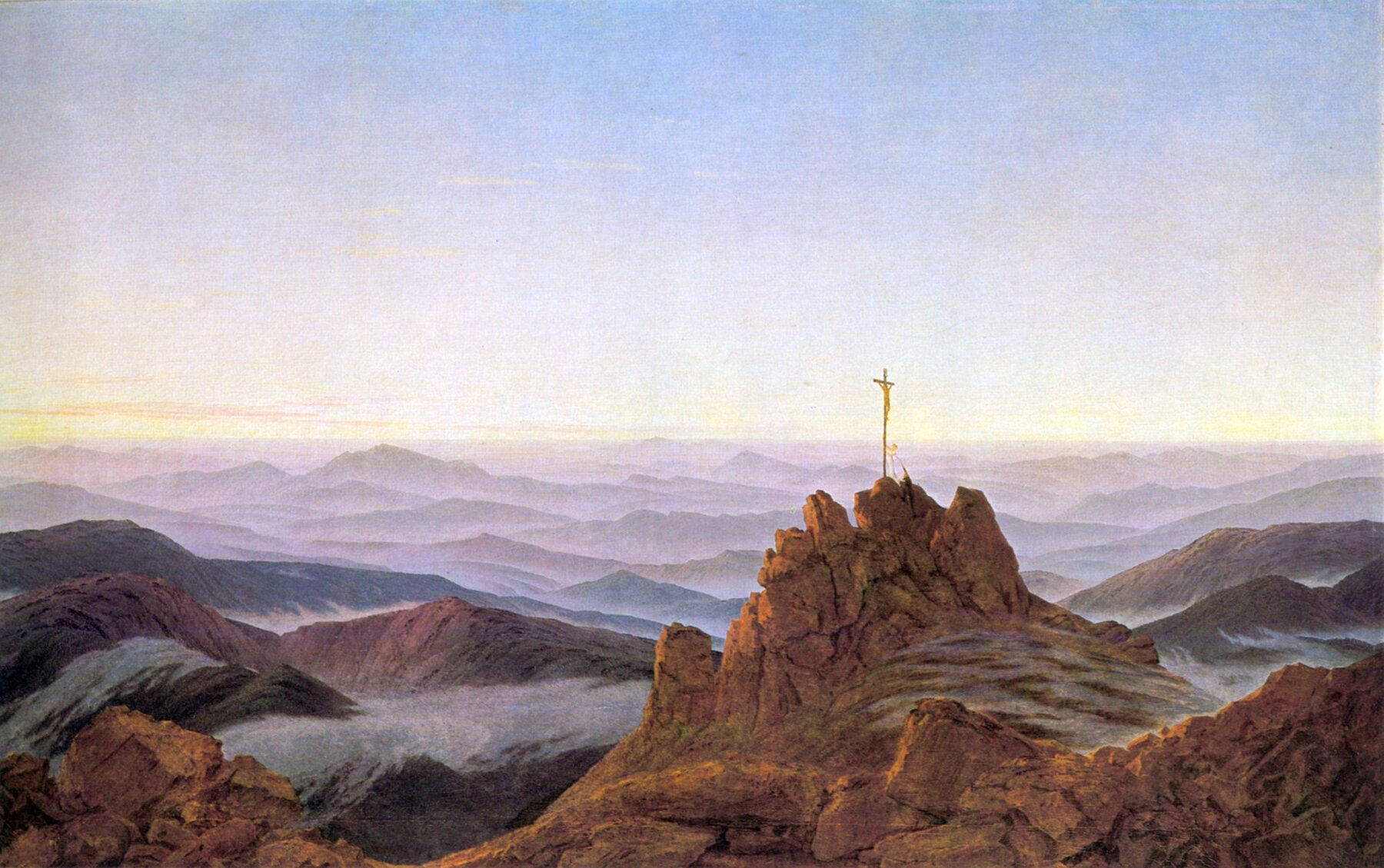 Caspar David Friedrich, „Morgen im Riesengebirge“ (ca. 1810) — Kreuz auf dem Gipfel über Nebelmeer, Sinnbild des Gedenkens.